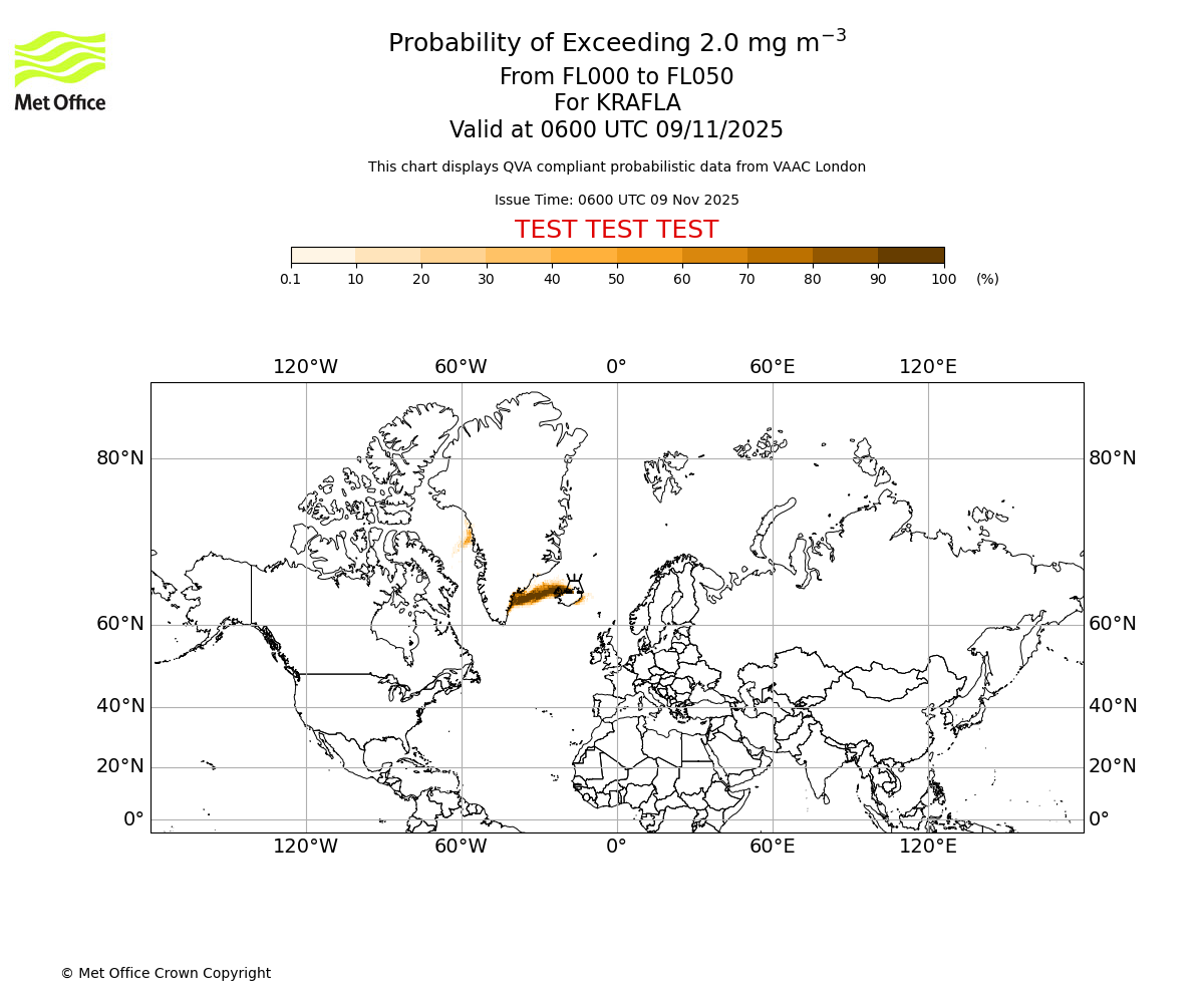 Probability of exceeding 2.0 milligrams per metre cubed. From 000 to 050 for KRAFLA. Valid at 0600 UTC 09/11/2025