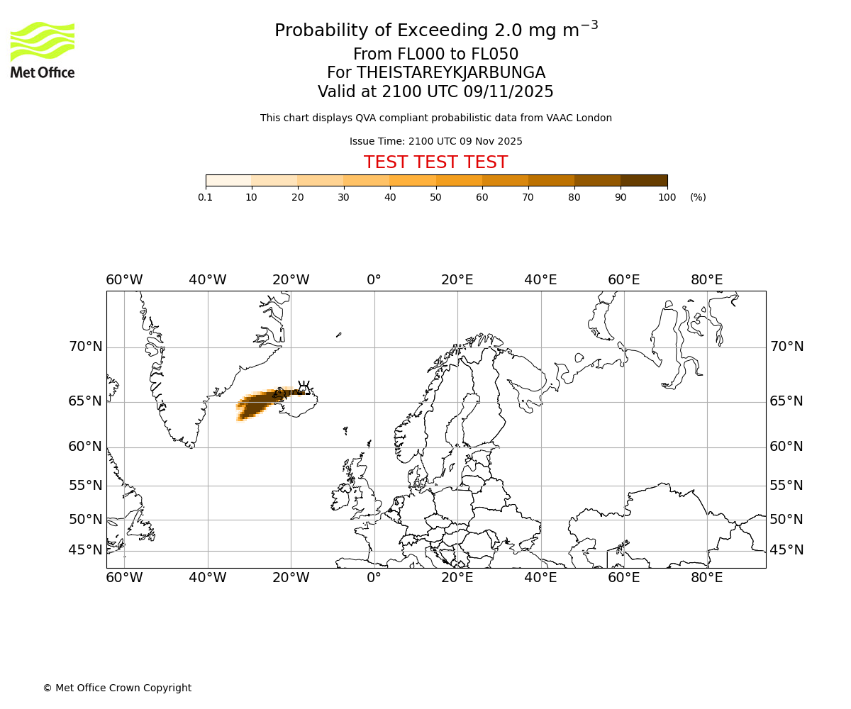 Probability of exceeding 2.0 milligrams per metre cubed. From 000 to 050 for THEISTAREYKJARBUNGA. Valid at 2100 UTC 09/11/2025