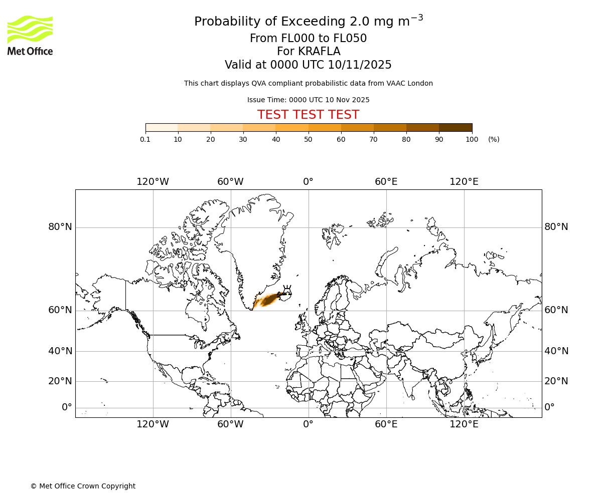 Probability of exceeding 2.0 milligrams per metre cubed. From 000 to 050 for KRAFLA. Valid at 0000 UTC 10/11/2025