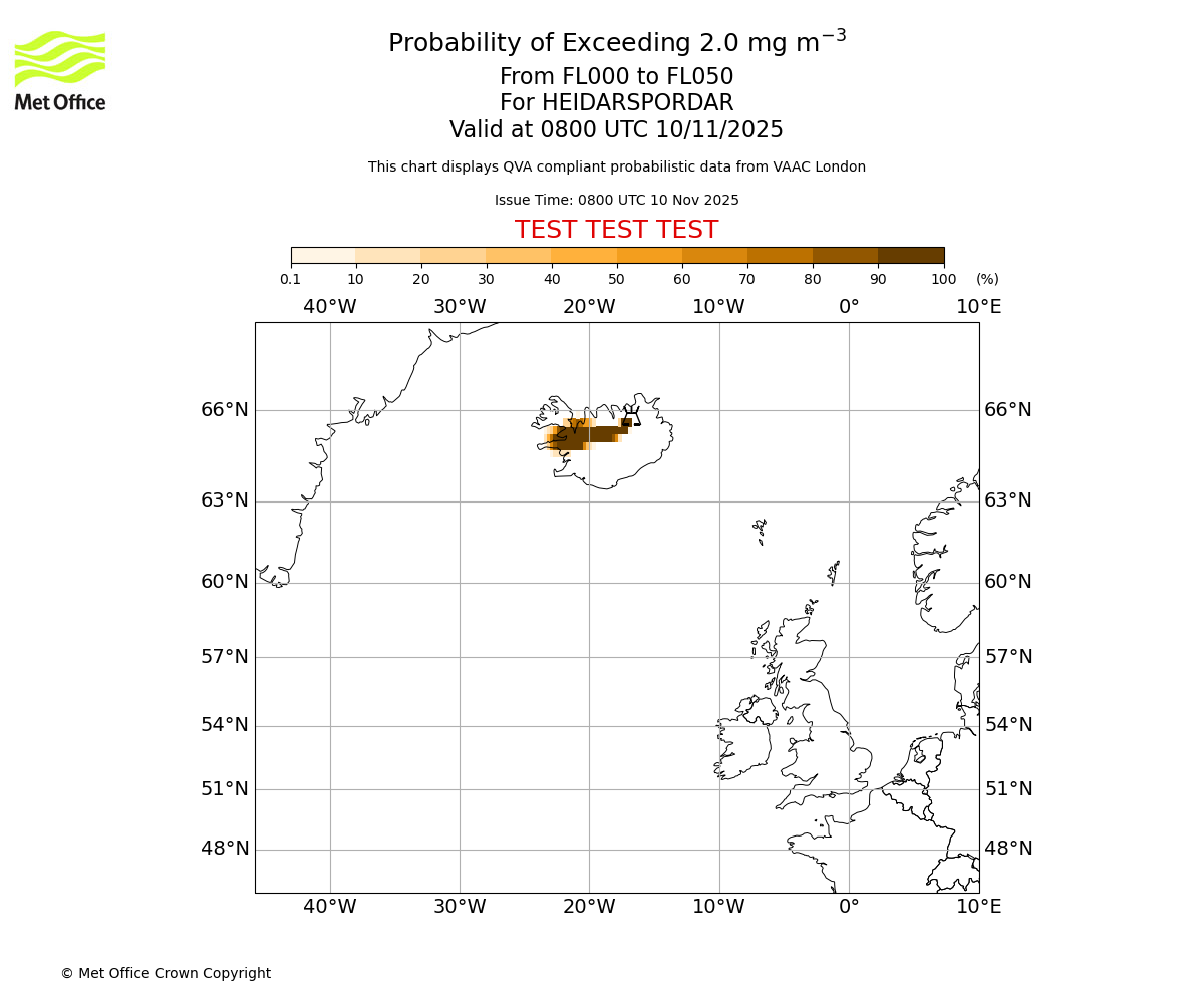 Probability of exceeding 2.0 milligrams per metre cubed. From 000 to 050 for HEIDARSPORDAR. Valid at 0800 UTC 10/11/2025