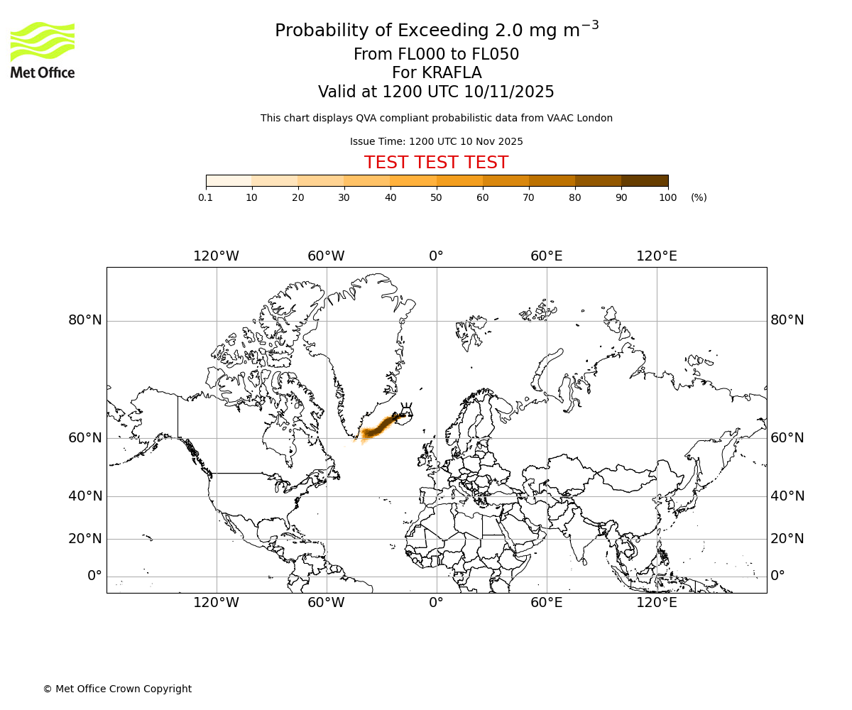 Probability of exceeding 2.0 milligrams per metre cubed. From 000 to 050 for KRAFLA. Valid at 1200 UTC 10/11/2025