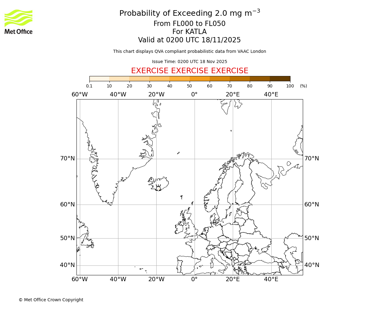 Probability of exceeding 2.0 milligrams per metre cubed. From 000 to 050 for KATLA. Valid at 0200 UTC 18/11/2025