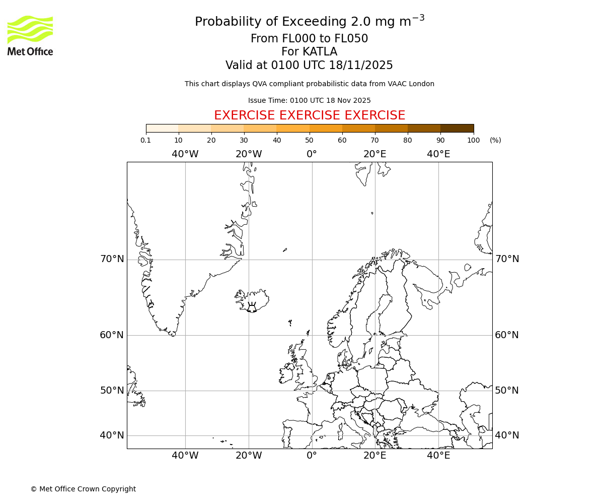 Probability of exceeding 2.0 milligrams per metre cubed. From 000 to 050 for KATLA. Valid at 0100 UTC 18/11/2025