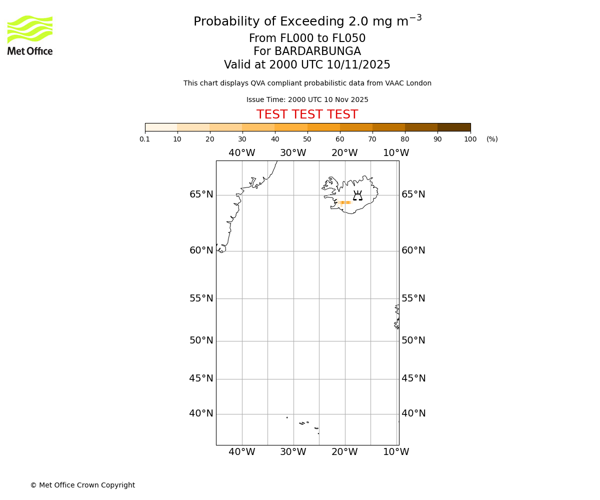 Probability of exceeding 2.0 milligrams per metre cubed. From 000 to 050 for BARDARBUNGA. Valid at 2000 UTC 10/11/2025
