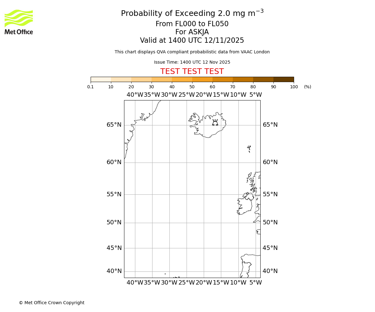 Probability of exceeding 2.0 milligrams per metre cubed. From 000 to 050 for ASKJA. Valid at 1400 UTC 12/11/2025