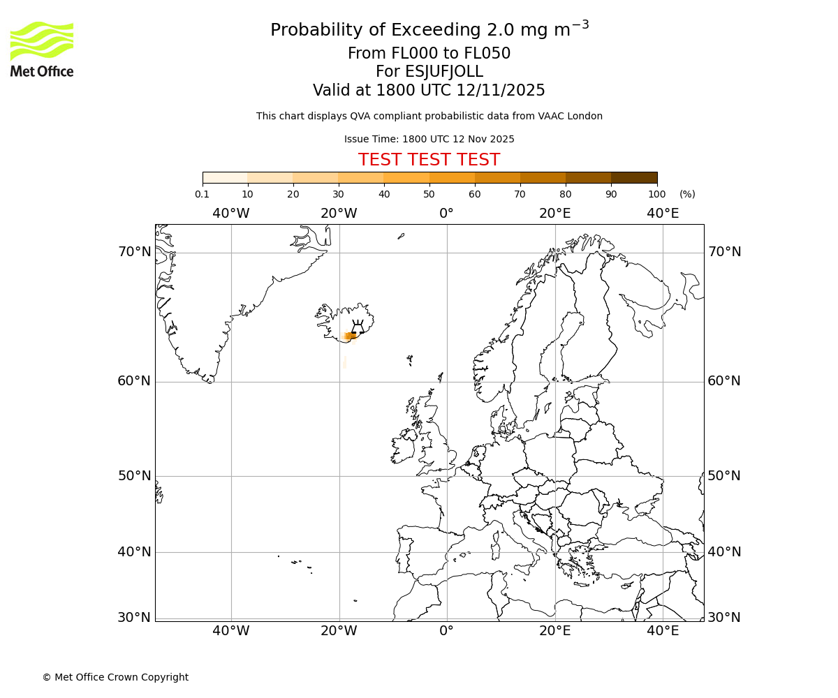 Probability of exceeding 2.0 milligrams per metre cubed. From 000 to 050 for ESJUFJOLL. Valid at 1800 UTC 12/11/2025