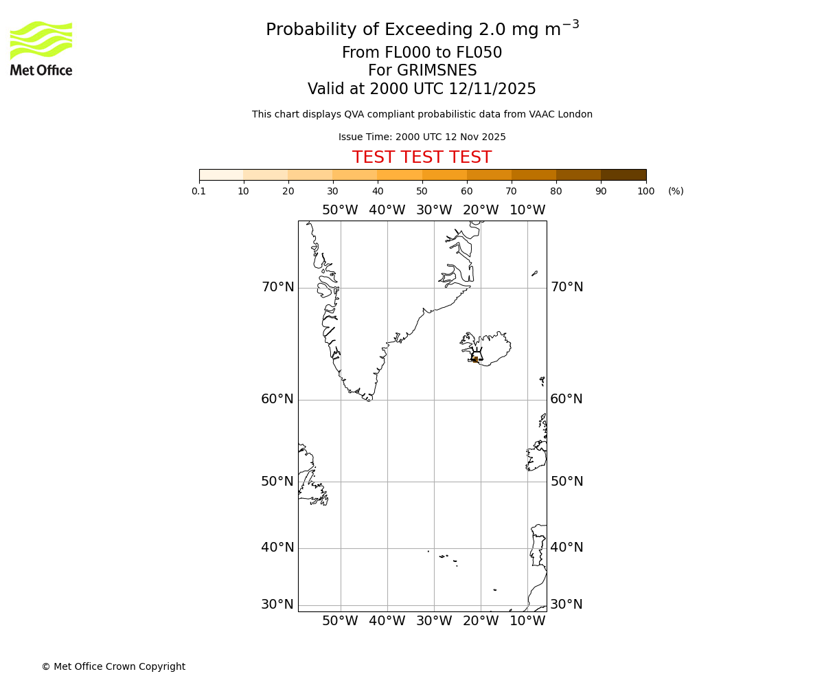 Probability of exceeding 2.0 milligrams per metre cubed. From 000 to 050 for GRIMSNES. Valid at 2000 UTC 12/11/2025
