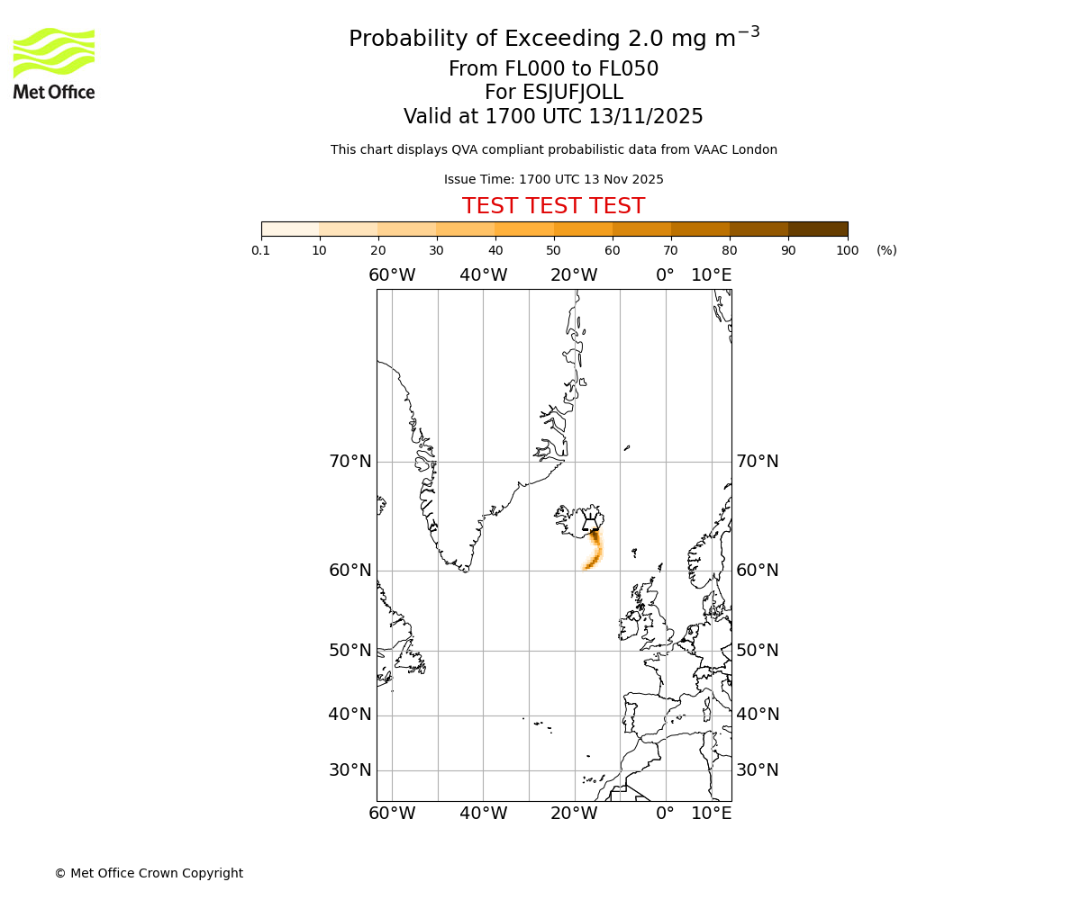 Probability of exceeding 2.0 milligrams per metre cubed. From 000 to 050 for ESJUFJOLL. Valid at 1700 UTC 13/11/2025