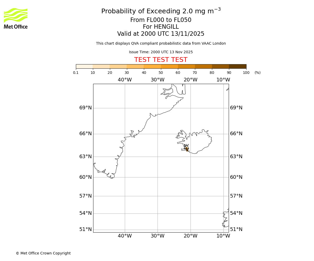 Probability of exceeding 2.0 milligrams per metre cubed. From 000 to 050 for HENGILL. Valid at 2000 UTC 13/11/2025