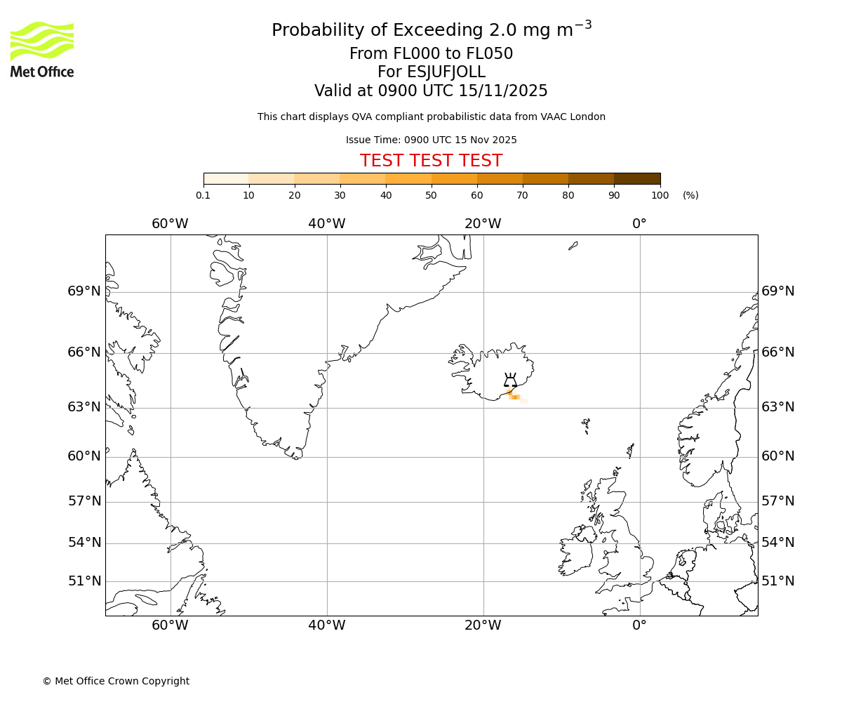 Probability of exceeding 2.0 milligrams per metre cubed. From 000 to 050 for ESJUFJOLL. Valid at 0900 UTC 15/11/2025