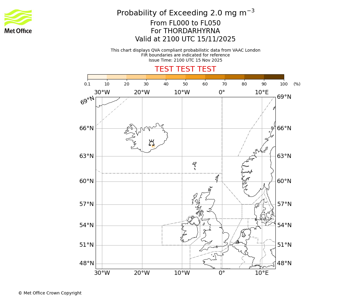 Probability of exceeding 2.0 milligrams per metre cubed. From 000 to 050 for THORDARHYRNA. Valid at 2100 UTC 15/11/2025