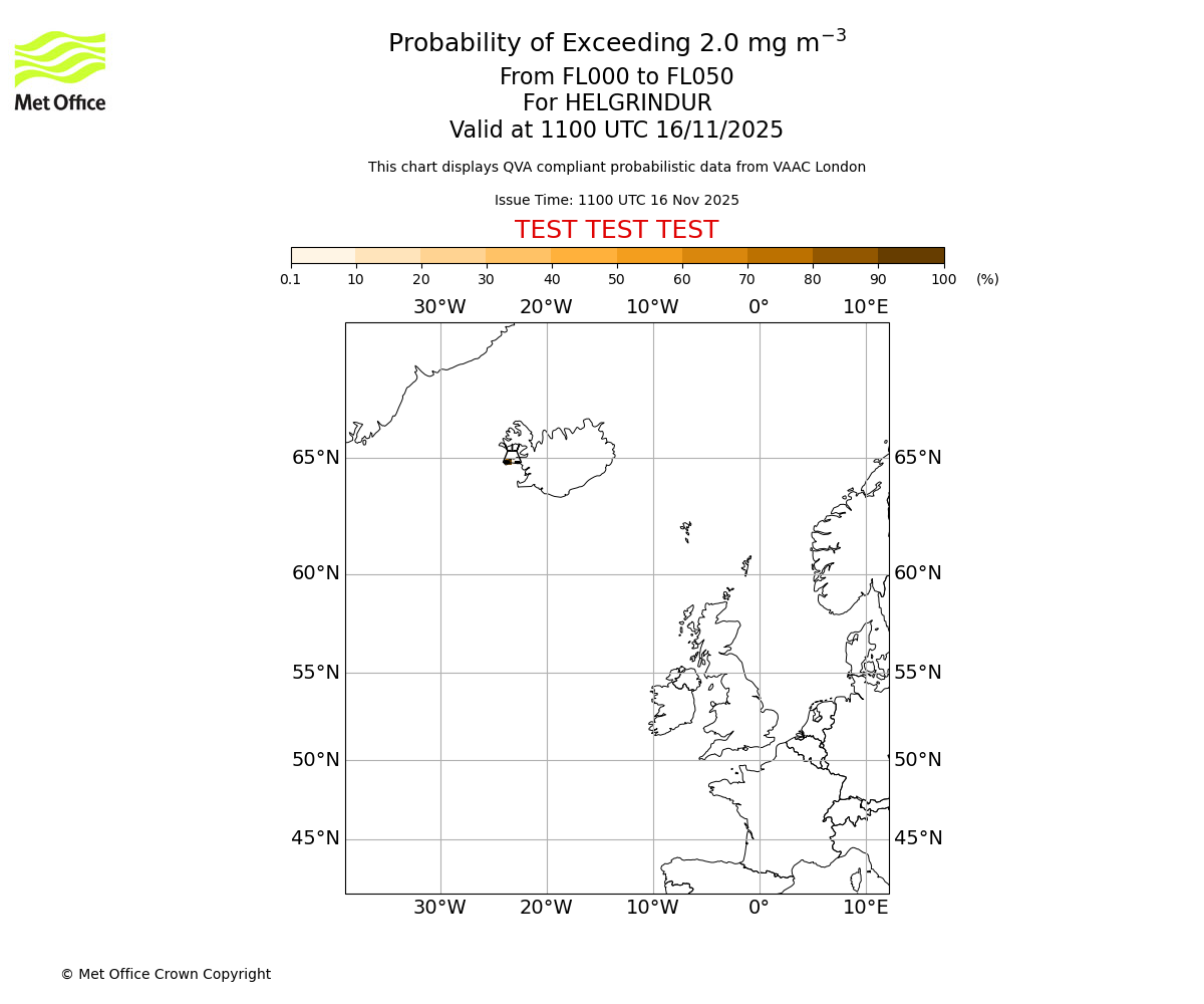 Probability of exceeding 2.0 milligrams per metre cubed. From 000 to 050 for HELGRINDUR. Valid at 1100 UTC 16/11/2025