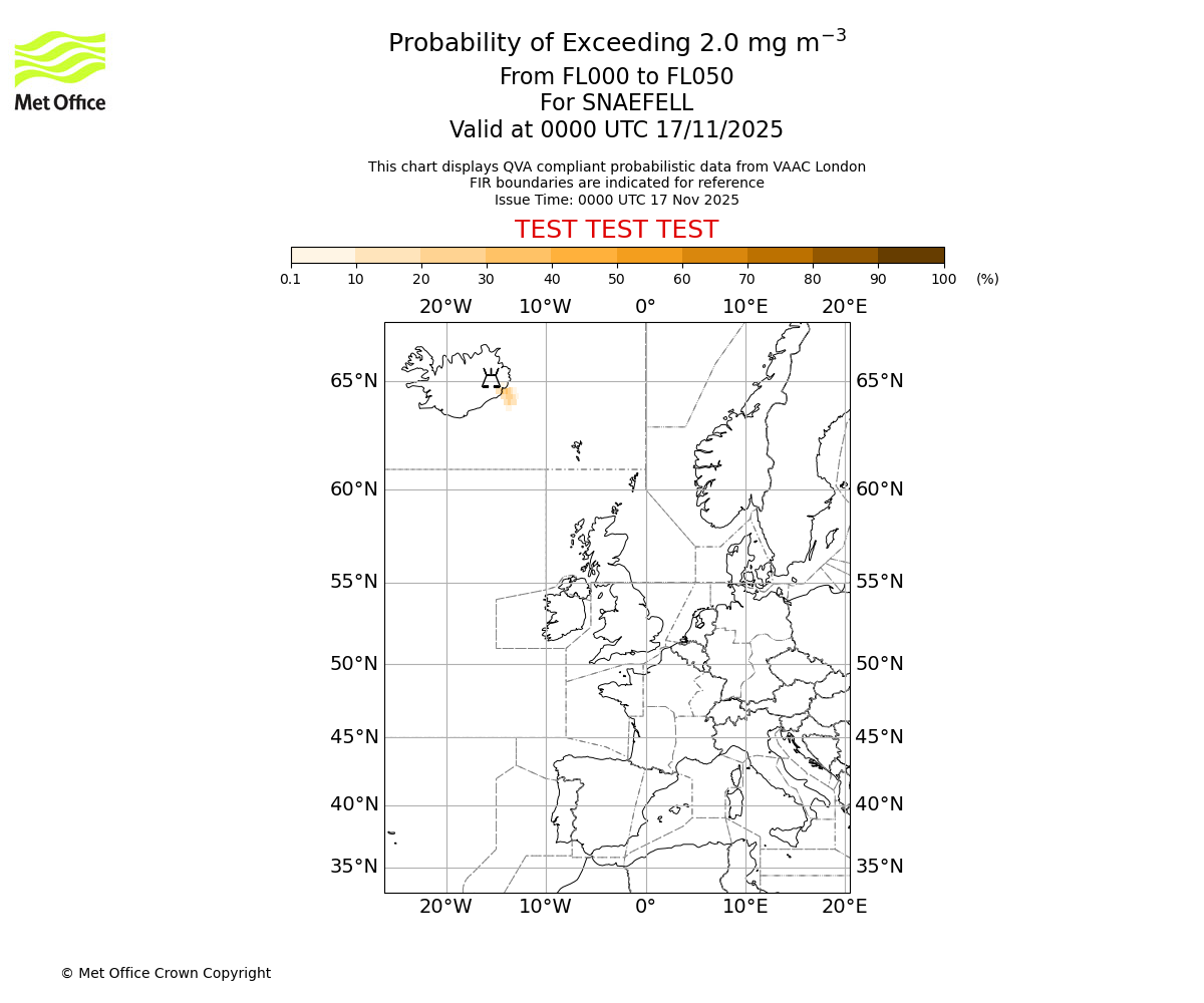 Probability of exceeding 2.0 milligrams per metre cubed. From 000 to 050 for SNAEFELL. Valid at 0000 UTC 17/11/2025