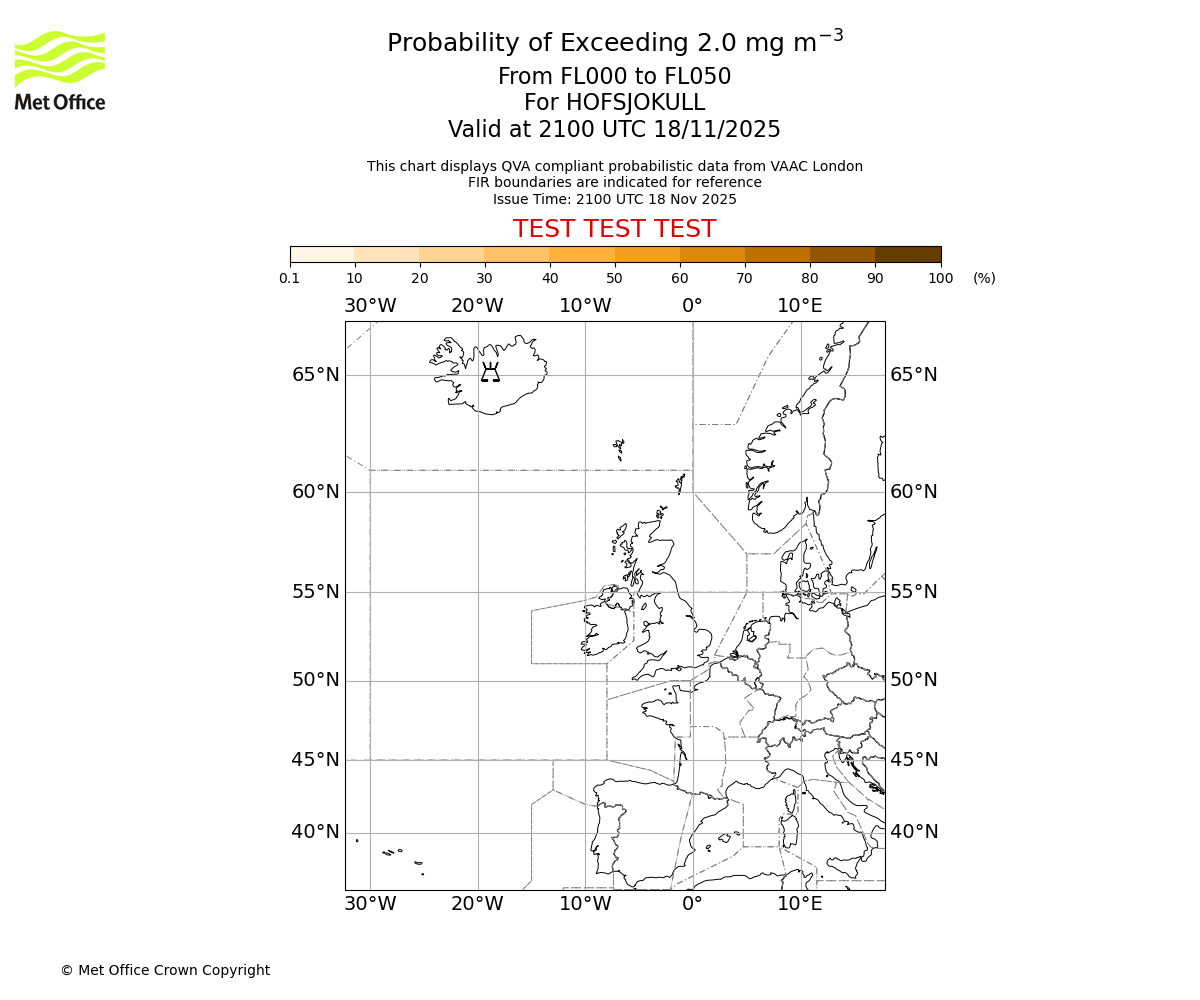 Probability of exceeding 2.0 milligrams per metre cubed. From 000 to 050 for HOFSJOKULL. Valid at 2100 UTC 18/11/2025