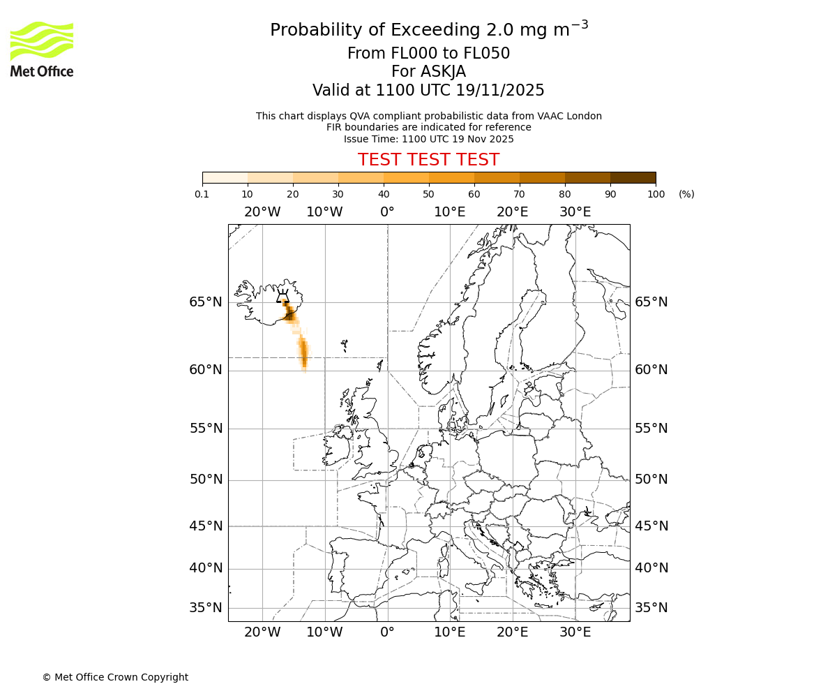 Probability of exceeding 2.0 milligrams per metre cubed. From 000 to 050 for ASKJA. Valid at 1100 UTC 19/11/2025