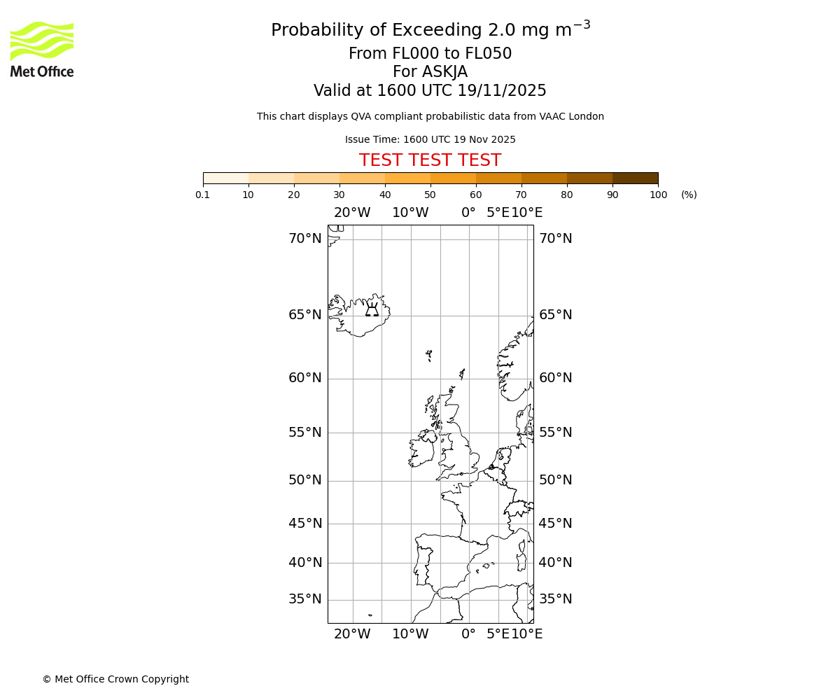 Probability of exceeding 2.0 milligrams per metre cubed. From 000 to 050 for ASKJA. Valid at 1600 UTC 19/11/2025