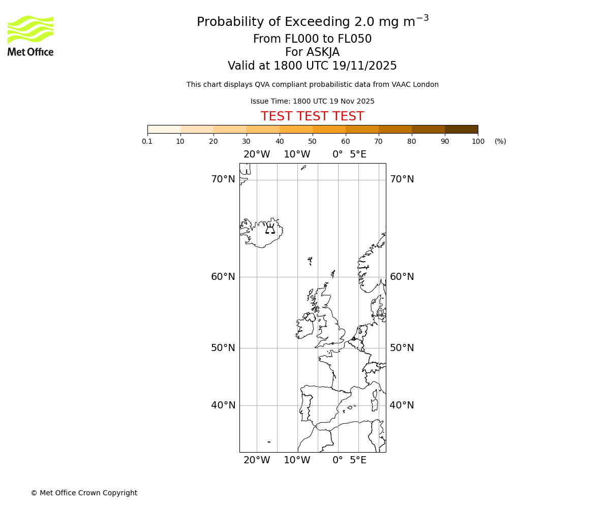 Probability of exceeding 2.0 milligrams per metre cubed. From 000 to 050 for ASKJA. Valid at 1800 UTC 19/11/2025