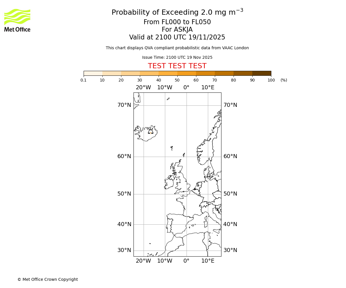 Probability of exceeding 2.0 milligrams per metre cubed. From 000 to 050 for ASKJA. Valid at 2100 UTC 19/11/2025