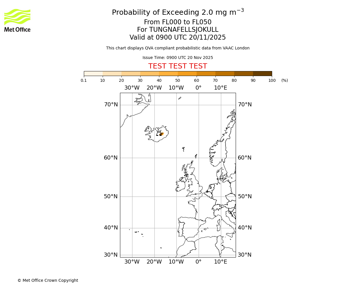 Probability of exceeding 2.0 milligrams per metre cubed. From 000 to 050 for TUNGNAFELLSJOKULL. Valid at 0900 UTC 20/11/2025