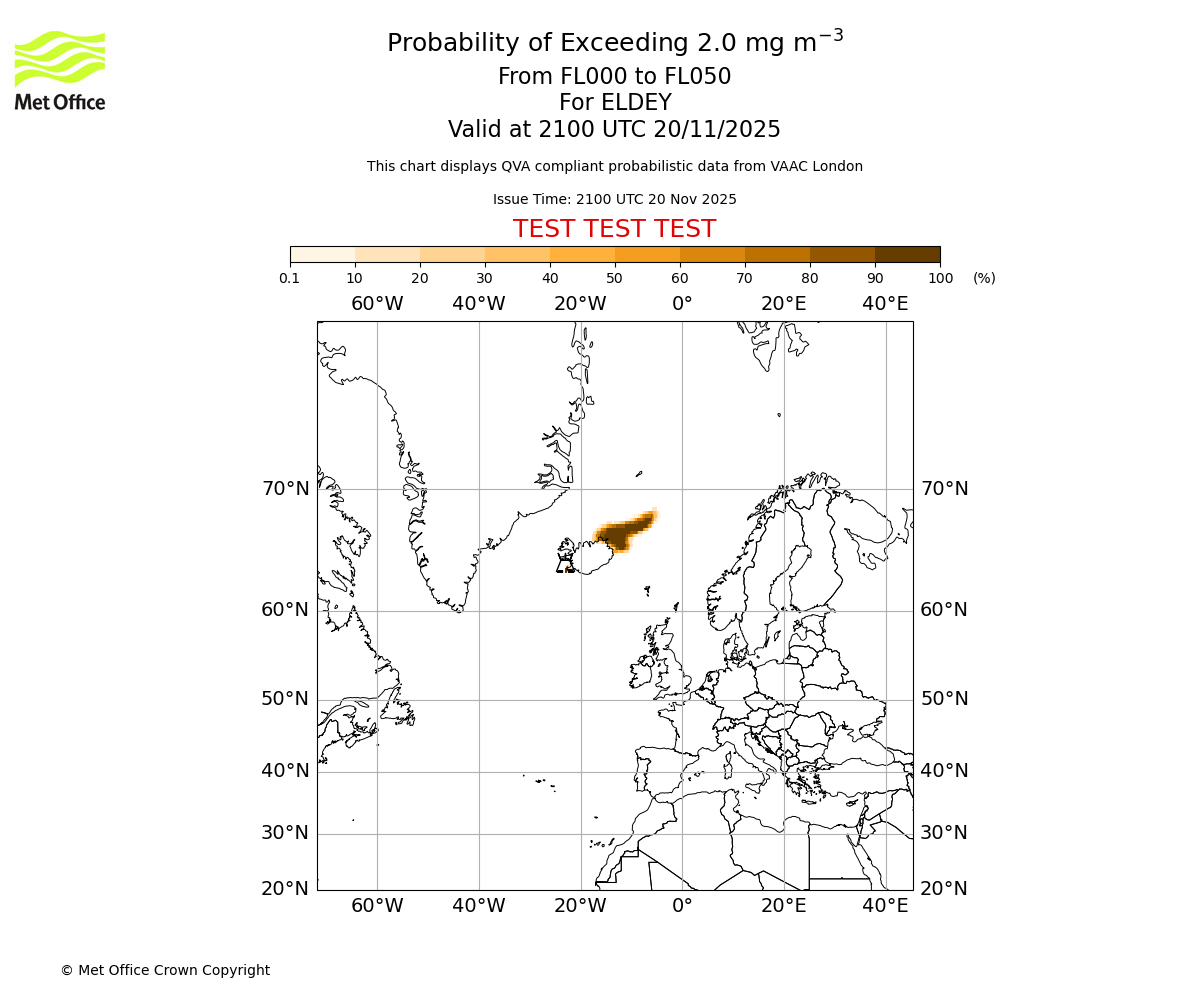 Probability of exceeding 2.0 milligrams per metre cubed. From 000 to 050 for ELDEY. Valid at 2100 UTC 20/11/2025