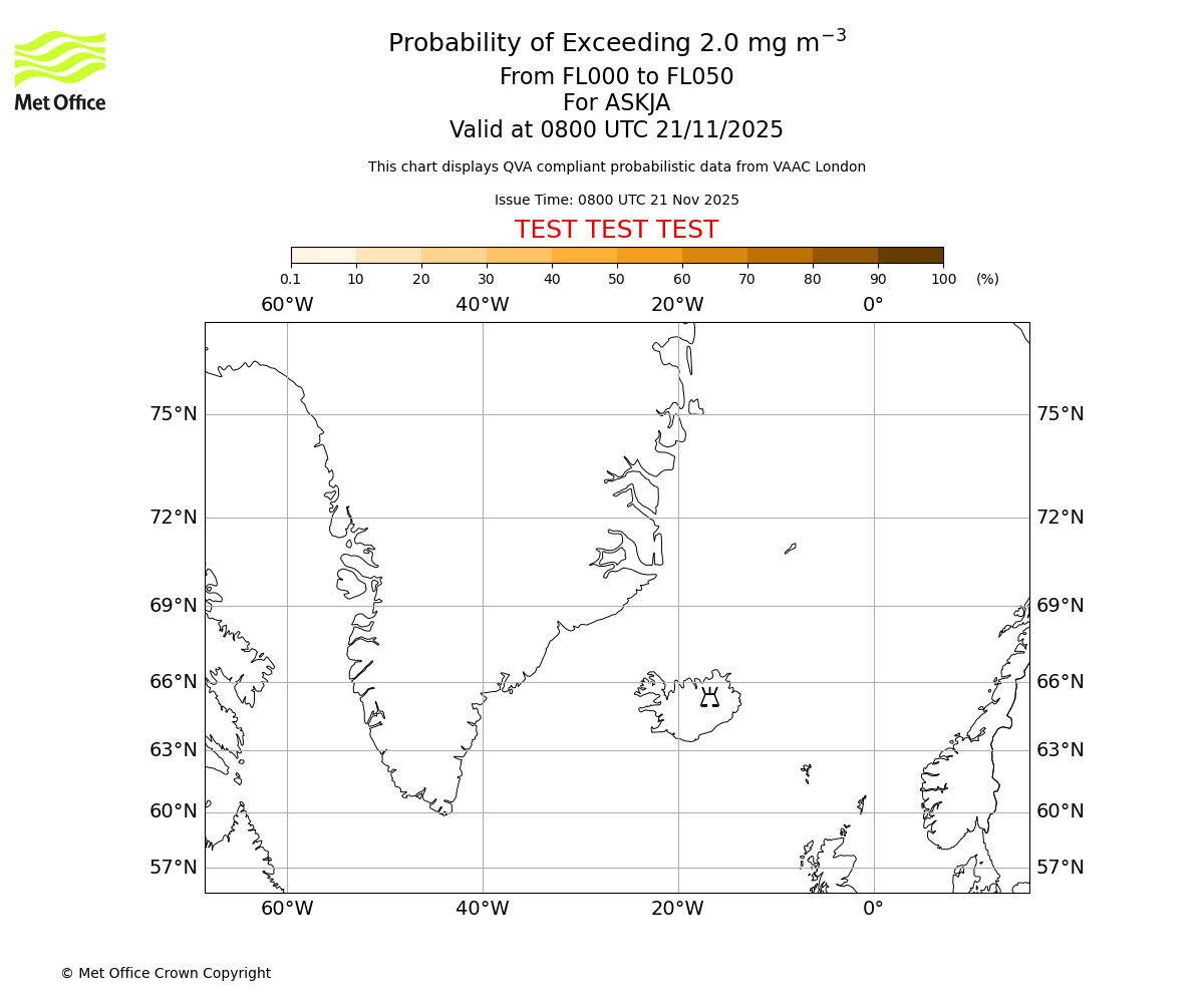 Probability of exceeding 2.0 milligrams per metre cubed. From 000 to 050 for ASKJA. Valid at 0800 UTC 21/11/2025