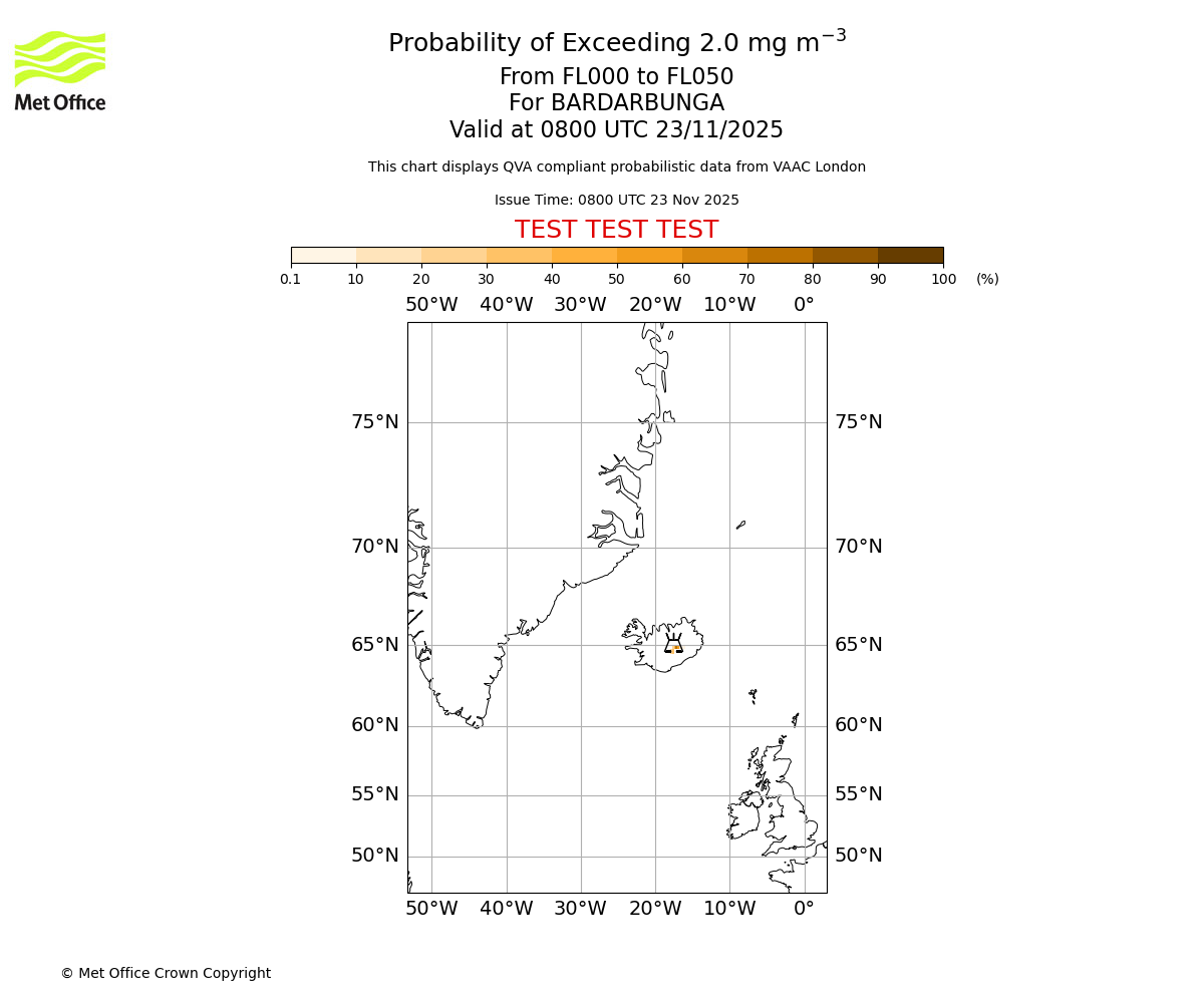 Probability of exceeding 2.0 milligrams per metre cubed. From 000 to 050 for BARDARBUNGA. Valid at 0800 UTC 23/11/2025