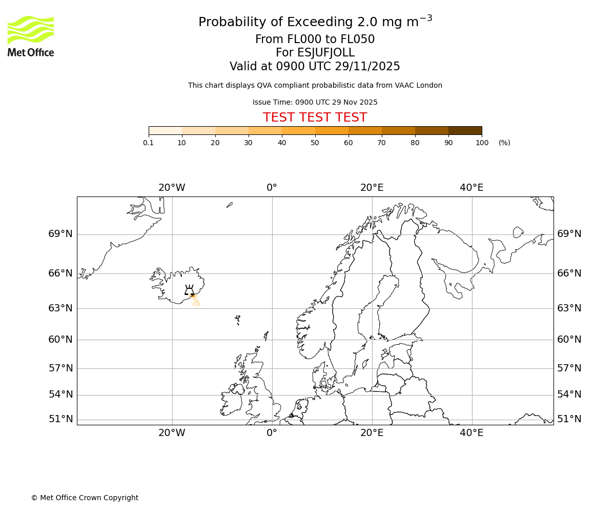 Probability of exceeding 2.0 milligrams per metre cubed. From 000 to 050 for ESJUFJOLL. Valid at 0900 UTC 29/11/2025