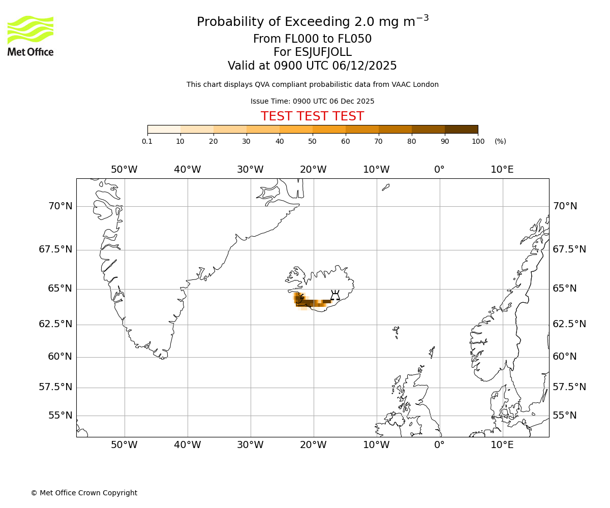 Probability of exceeding 2.0 milligrams per metre cubed. From 000 to 050 for ESJUFJOLL. Valid at 0900 UTC 06/12/2025