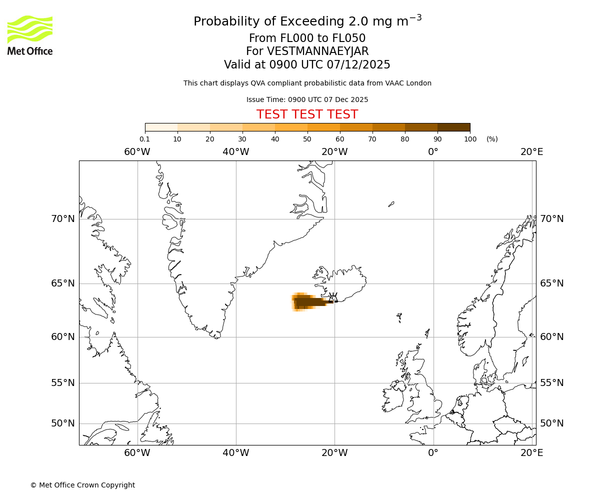 Probability of exceeding 2.0 milligrams per metre cubed. From 000 to 050 for VESTMANNAEYJAR. Valid at 0900 UTC 07/12/2025