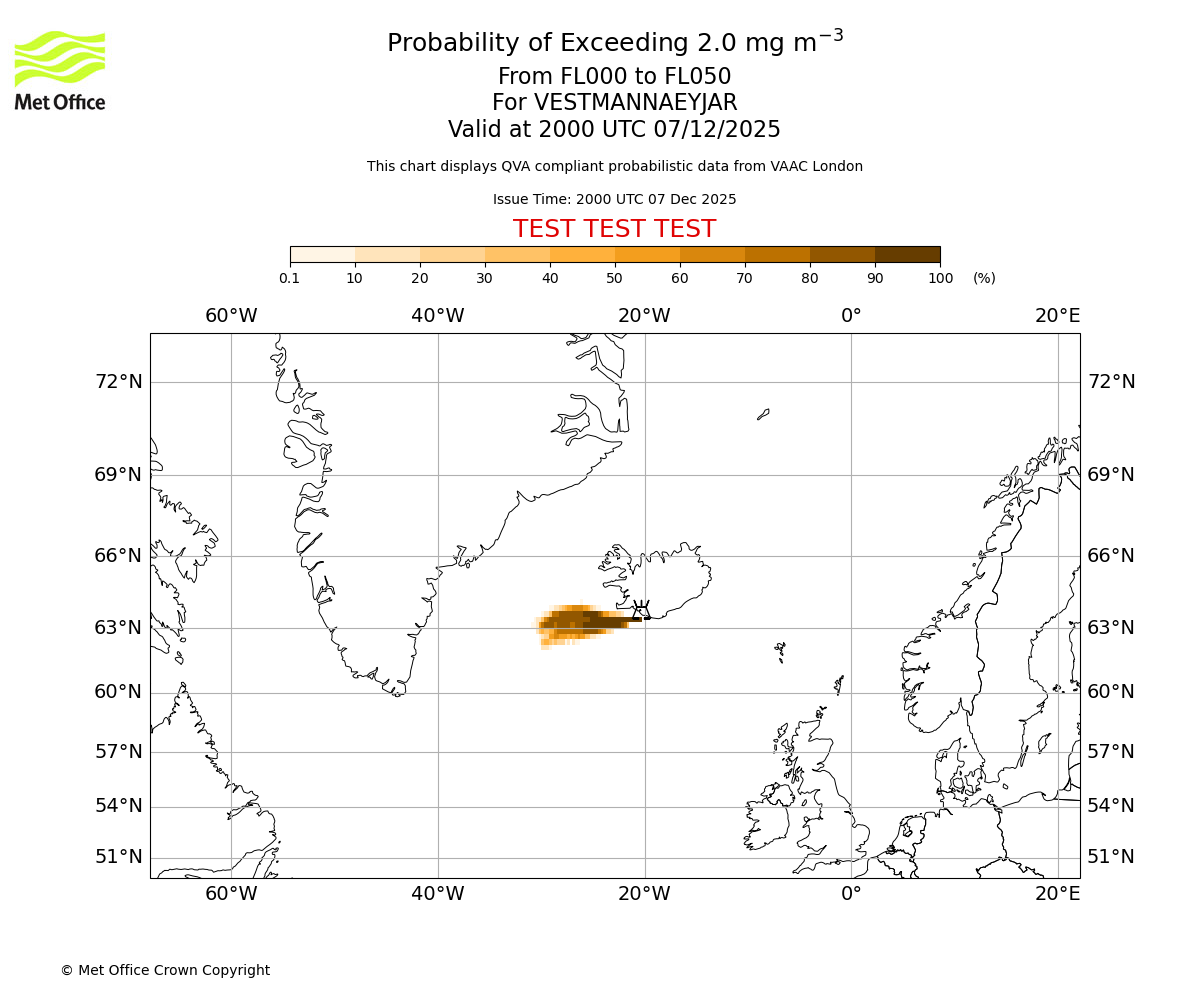 Probability of exceeding 2.0 milligrams per metre cubed. From 000 to 050 for VESTMANNAEYJAR. Valid at 2000 UTC 07/12/2025