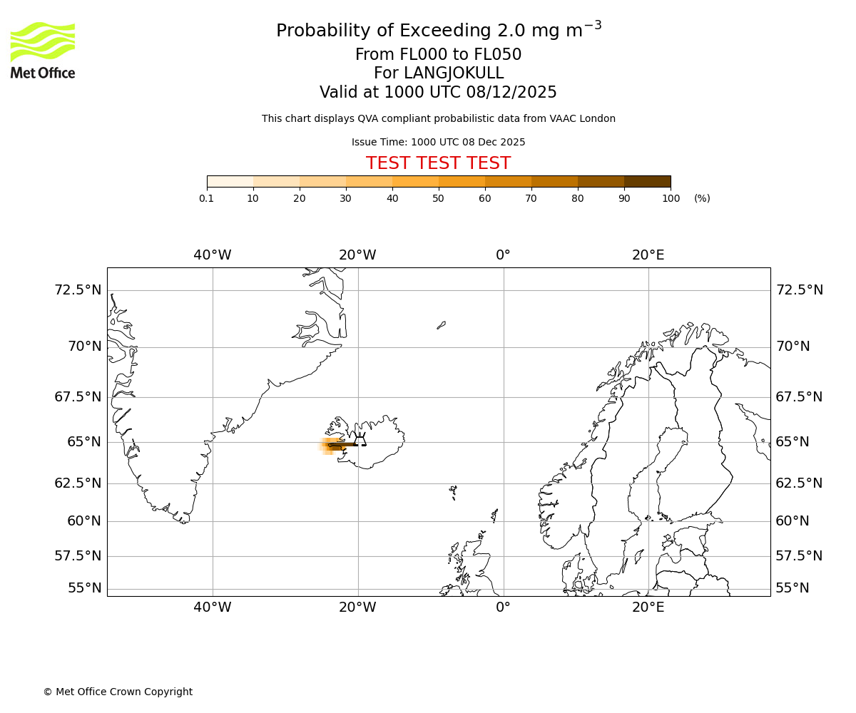Probability of exceeding 2.0 milligrams per metre cubed. From 000 to 050 for LANGJOKULL. Valid at 1000 UTC 08/12/2025