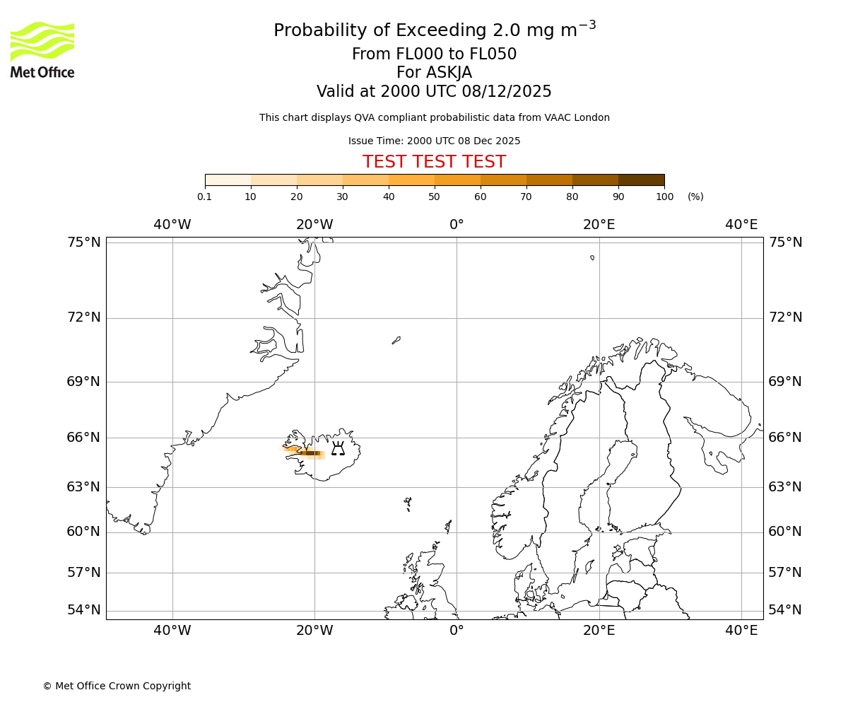 Probability of exceeding 2.0 milligrams per metre cubed. From 000 to 050 for ASKJA. Valid at 2000 UTC 08/12/2025