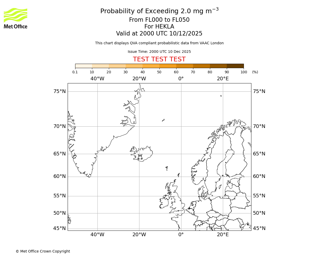 Probability of exceeding 2.0 milligrams per metre cubed. From 000 to 050 for HEKLA. Valid at 2000 UTC 10/12/2025