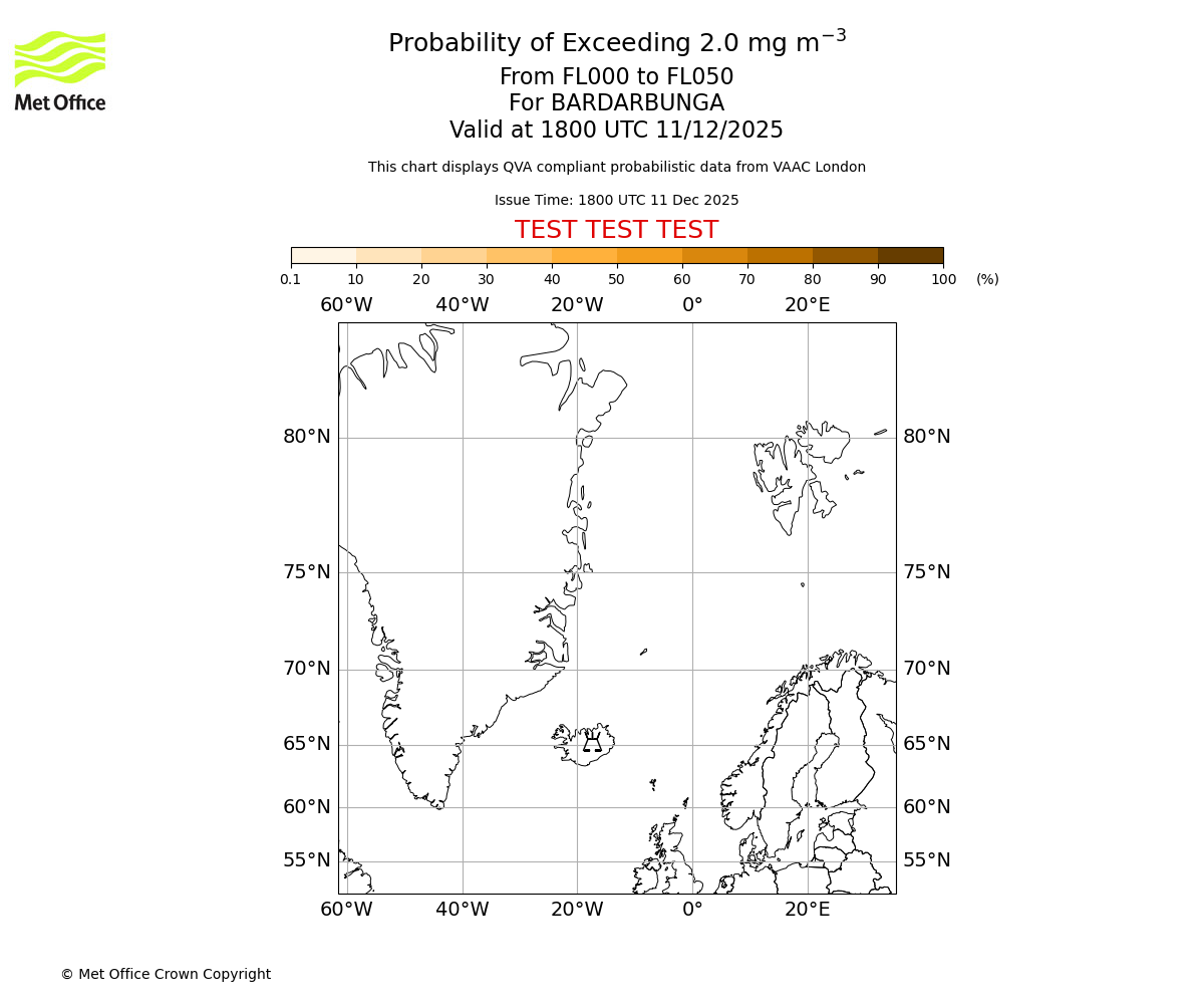 Probability of exceeding 2.0 milligrams per metre cubed. From 000 to 050 for BARDARBUNGA. Valid at 1800 UTC 11/12/2025