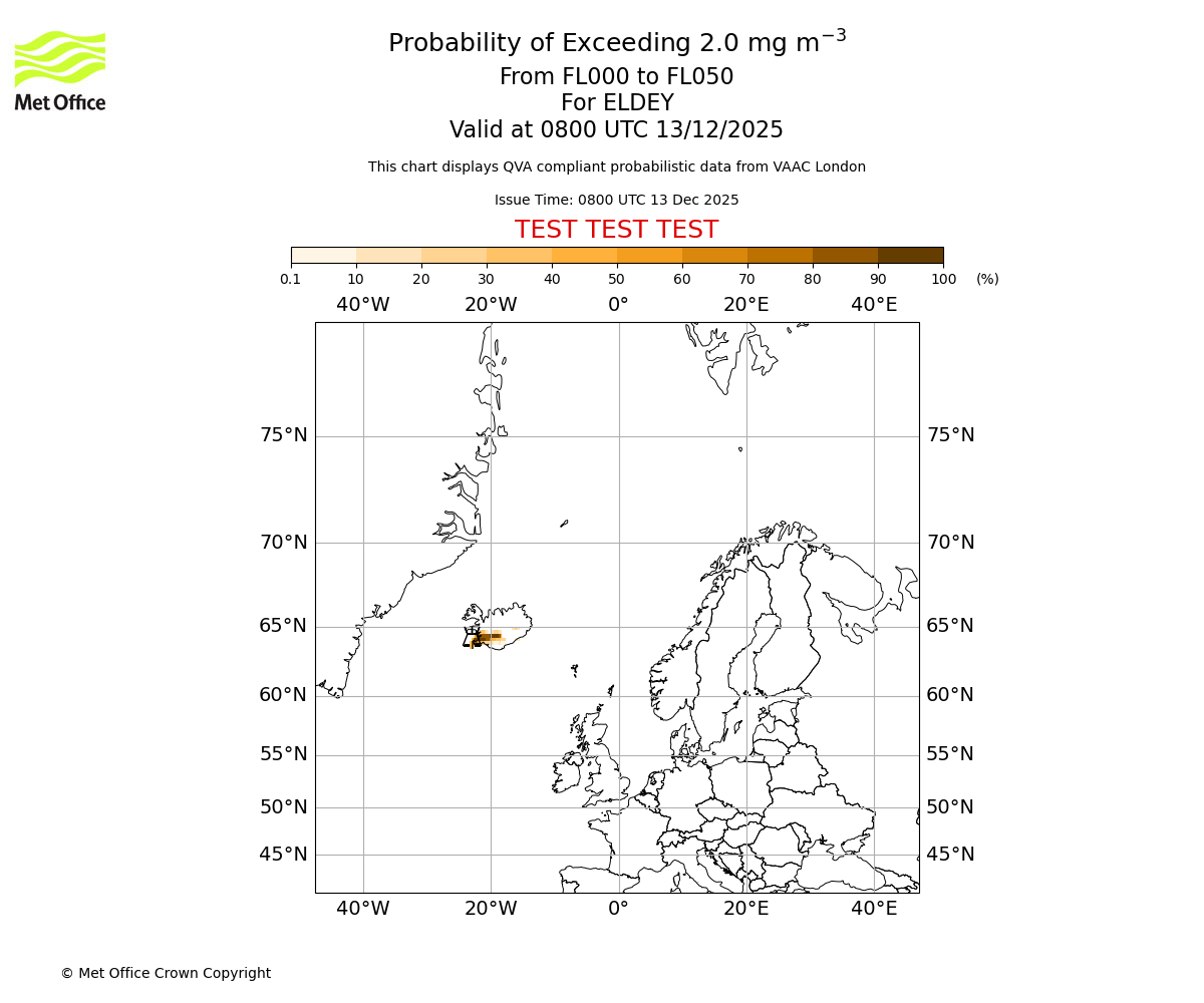 Probability of exceeding 2.0 milligrams per metre cubed. From 000 to 050 for ELDEY. Valid at 0800 UTC 13/12/2025
