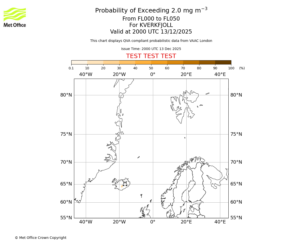 Probability of exceeding 2.0 milligrams per metre cubed. From 000 to 050 for KVERKFJOLL. Valid at 2000 UTC 13/12/2025