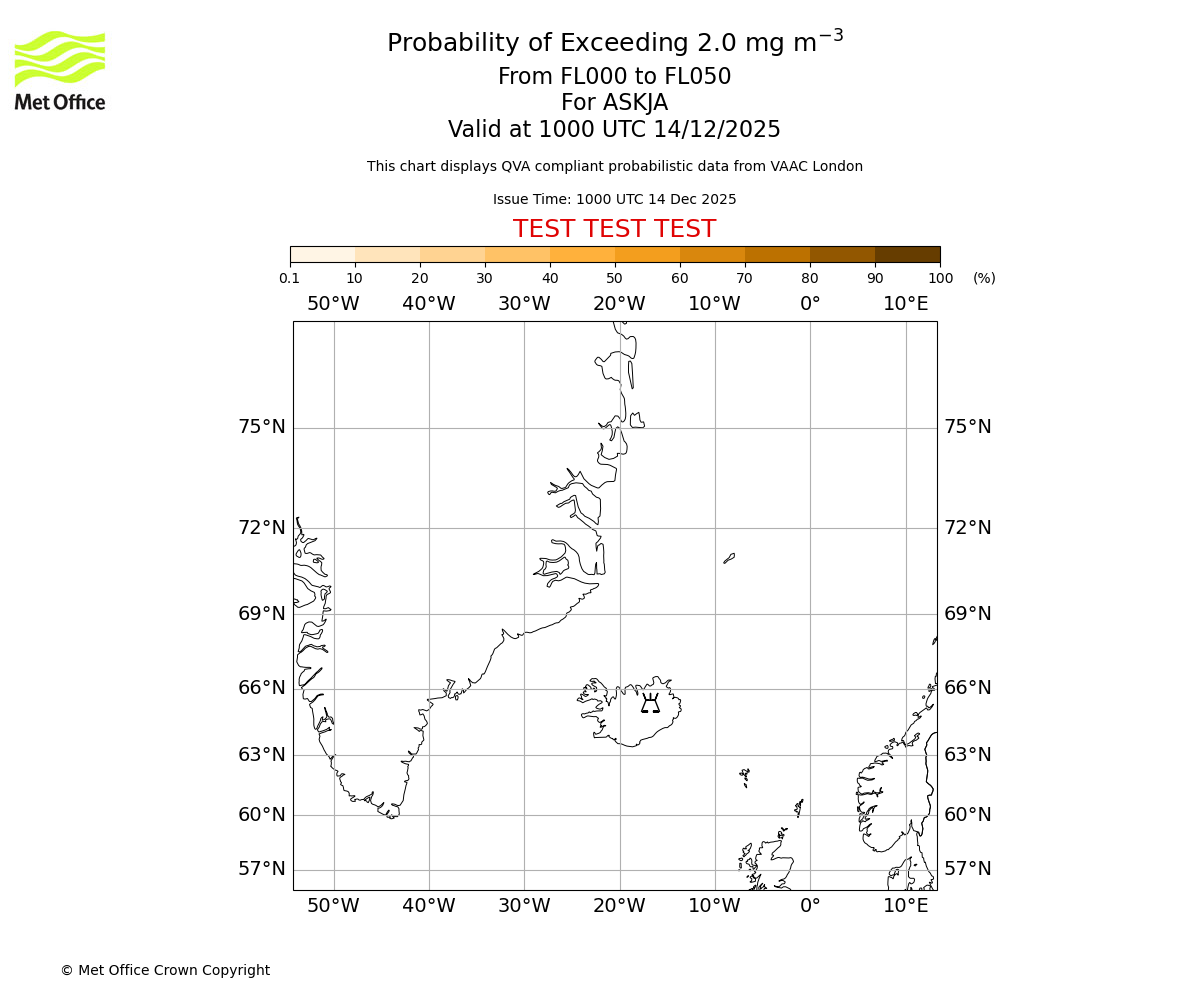 Probability of exceeding 2.0 milligrams per metre cubed. From 000 to 050 for ASKJA. Valid at 1000 UTC 14/12/2025