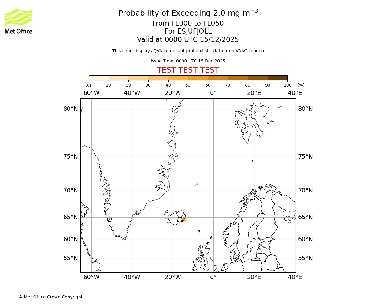 Probability of exceeding 2.0 milligrams per metre cubed. From 000 to 050 for ESJUFJOLL. Valid at 0000 UTC 15/12/2025