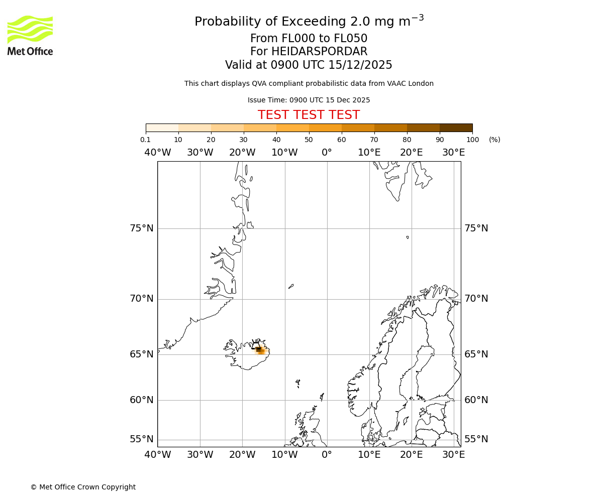 Probability of exceeding 2.0 milligrams per metre cubed. From 000 to 050 for HEIDARSPORDAR. Valid at 0900 UTC 15/12/2025