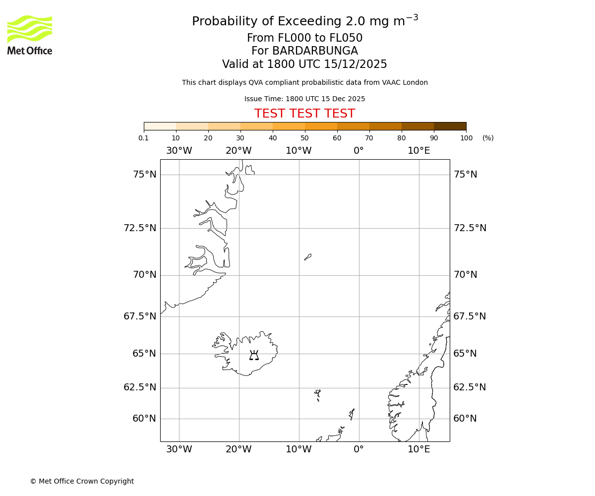 Probability of exceeding 2.0 milligrams per metre cubed. From 000 to 050 for BARDARBUNGA. Valid at 1800 UTC 15/12/2025