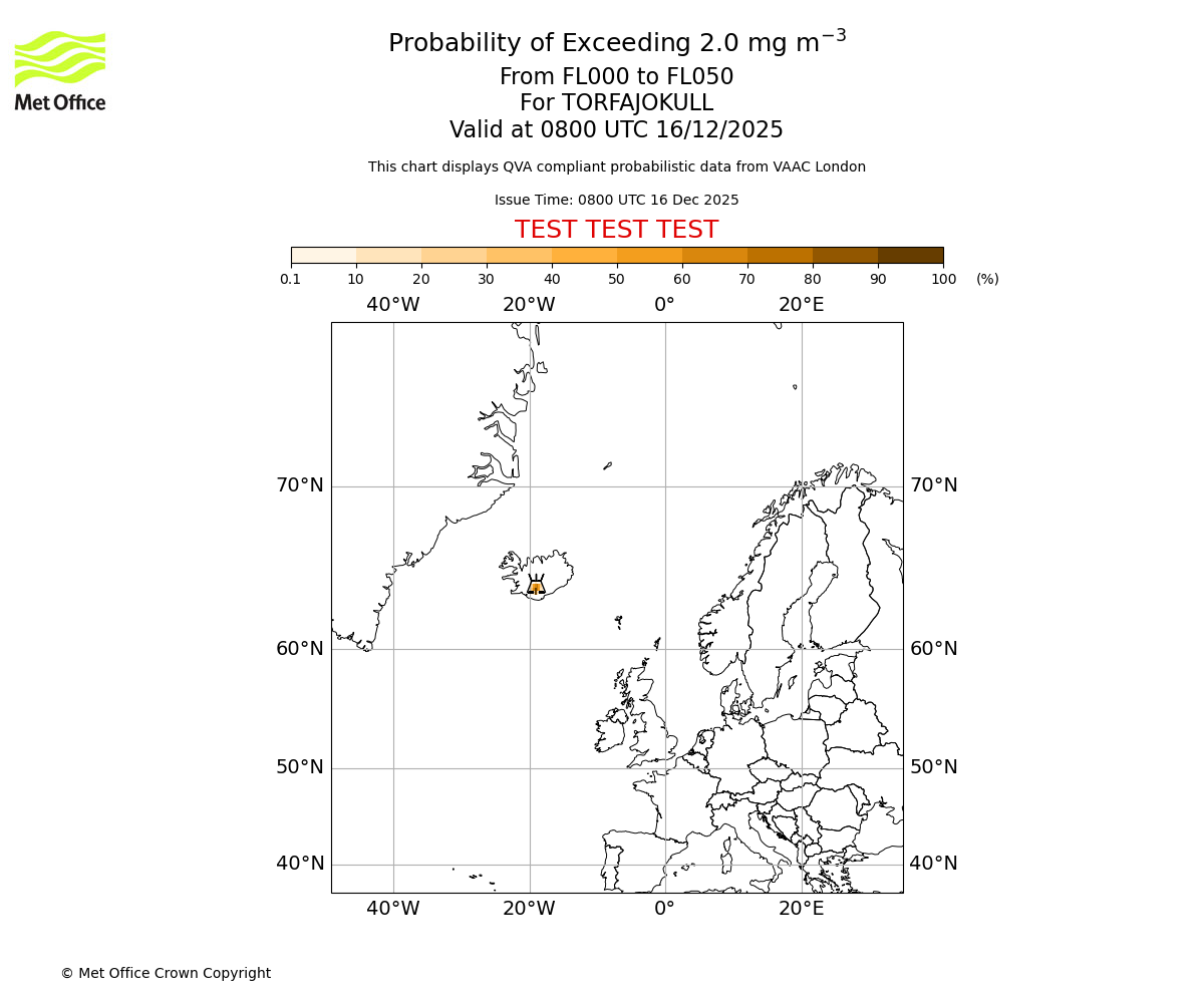 Probability of exceeding 2.0 milligrams per metre cubed. From 000 to 050 for TORFAJOKULL. Valid at 0800 UTC 16/12/2025