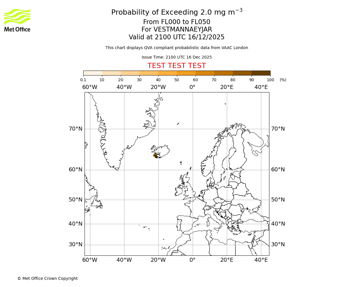 Probability of exceeding 2.0 milligrams per metre cubed. From 000 to 050 for VESTMANNAEYJAR. Valid at 2100 UTC 16/12/2025