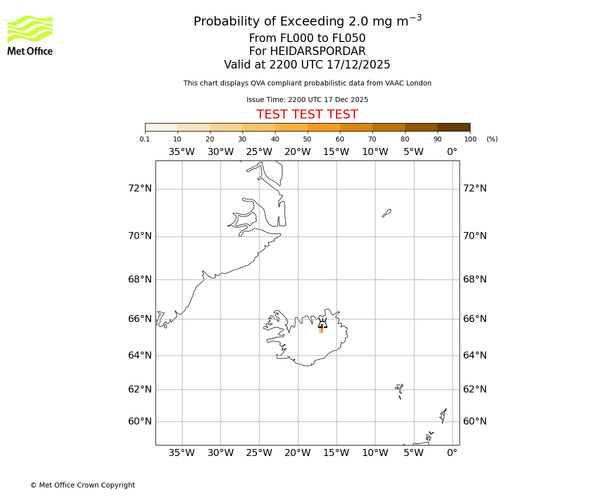 Probability of exceeding 2.0 milligrams per metre cubed. From 000 to 050 for HEIDARSPORDAR. Valid at 2200 UTC 17/12/2025