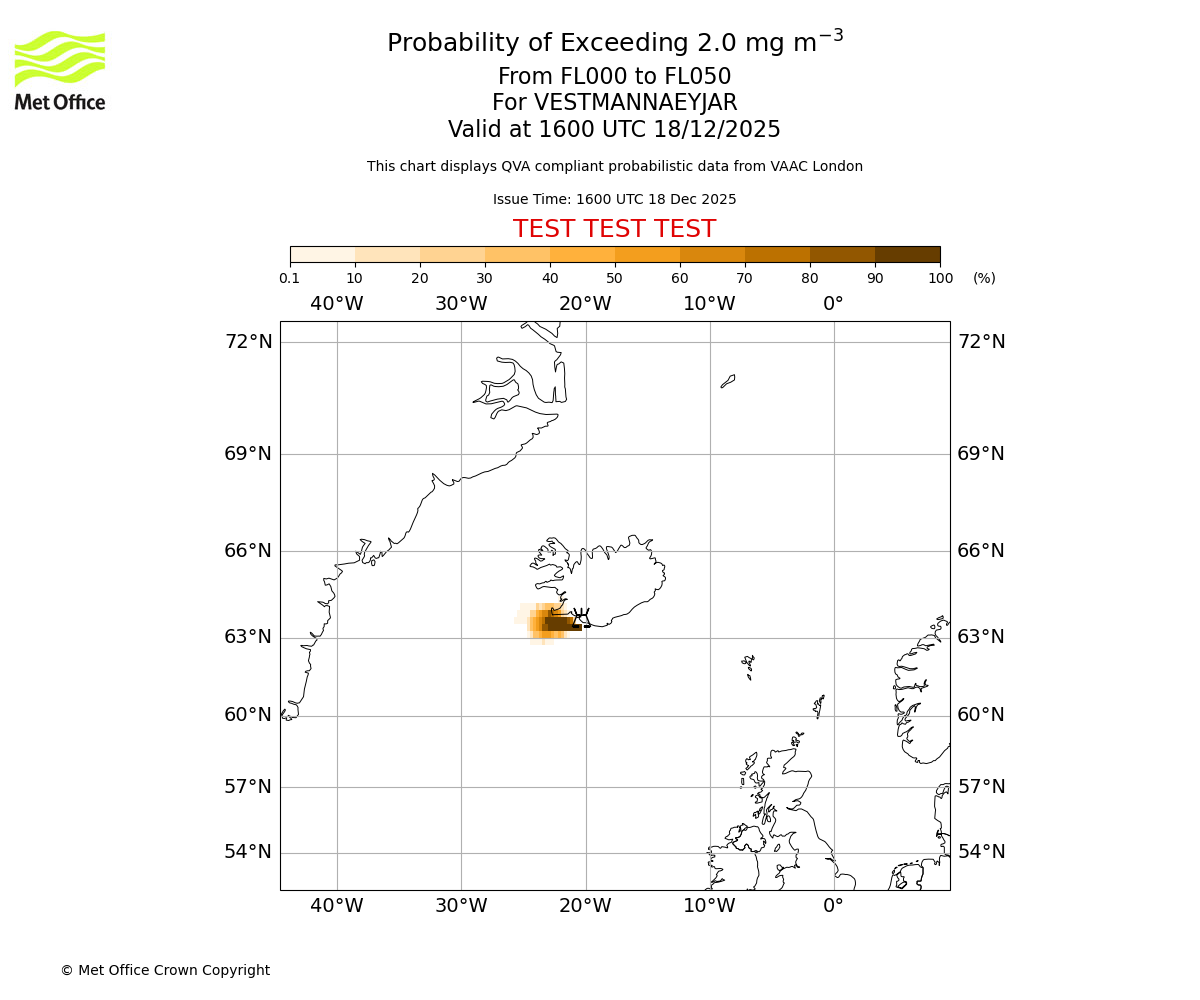 Probability of exceeding 2.0 milligrams per metre cubed. From 000 to 050 for VESTMANNAEYJAR. Valid at 1600 UTC 18/12/2025