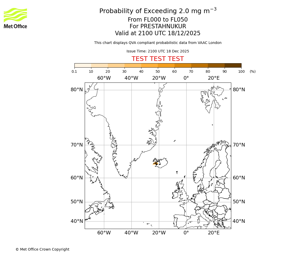 Probability of exceeding 2.0 milligrams per metre cubed. From 000 to 050 for PRESTAHNUKUR. Valid at 2100 UTC 18/12/2025