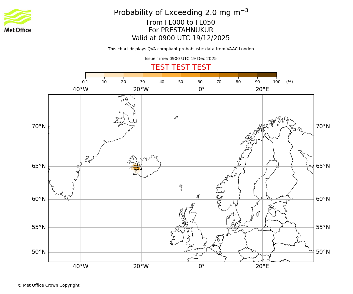 Probability of exceeding 2.0 milligrams per metre cubed. From 000 to 050 for PRESTAHNUKUR. Valid at 0900 UTC 19/12/2025