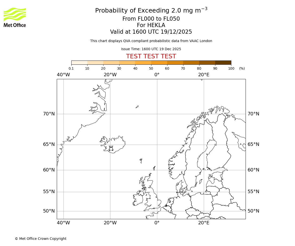 Probability of exceeding 2.0 milligrams per metre cubed. From 000 to 050 for HEKLA. Valid at 1600 UTC 19/12/2025