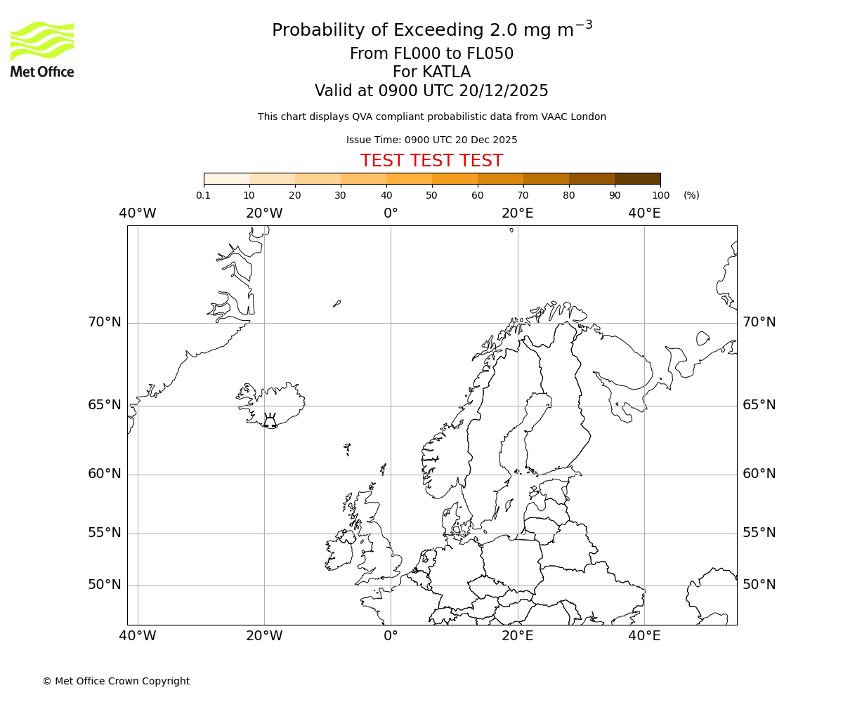 Probability of exceeding 2.0 milligrams per metre cubed. From 000 to 050 for KATLA. Valid at 0900 UTC 20/12/2025