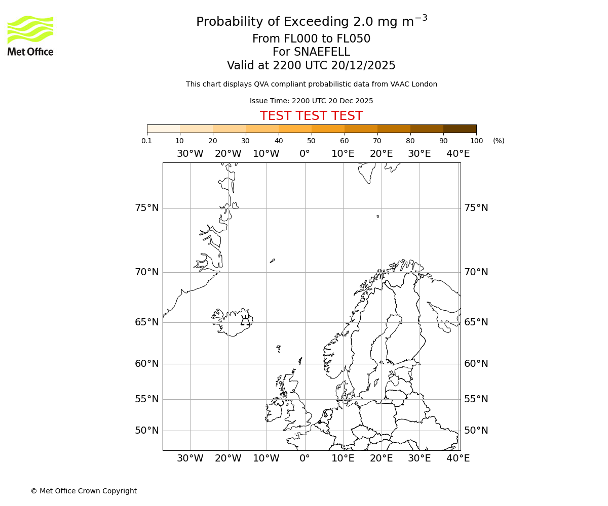 Probability of exceeding 2.0 milligrams per metre cubed. From 000 to 050 for SNAEFELL. Valid at 2200 UTC 20/12/2025