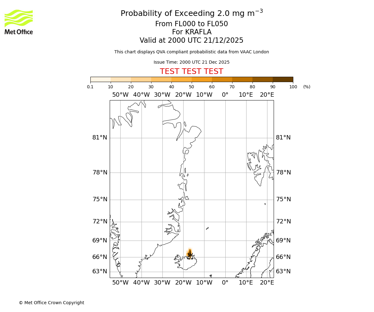 Probability of exceeding 2.0 milligrams per metre cubed. From 000 to 050 for KRAFLA. Valid at 2000 UTC 21/12/2025